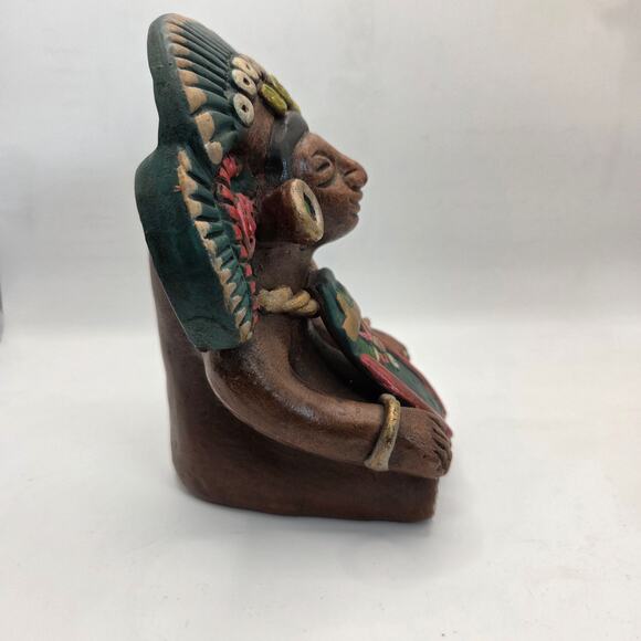 Vintage Mexican Hand Painted Clay Aztec Style Figure Statue 6.5" Folk Art - Picture 3 of 16